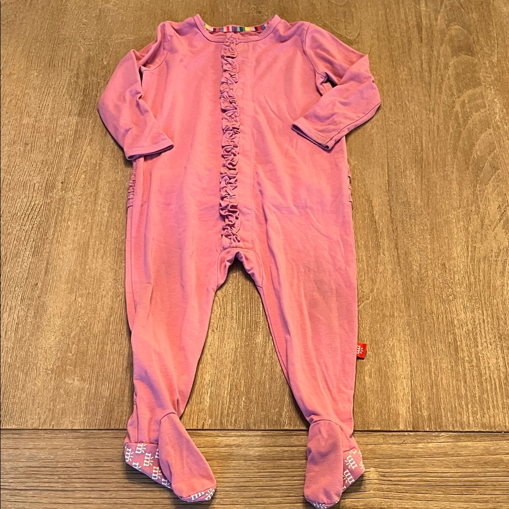 Magnetic Me Pink Ruffle-Front Footed One-Piece